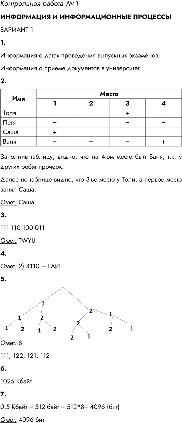 Иллюстрация к решению «Вариант 1 Контрольная работа 1 ГДЗ Самостоятельные и контрольные работы Босова 7 класс (Информатика)», 1